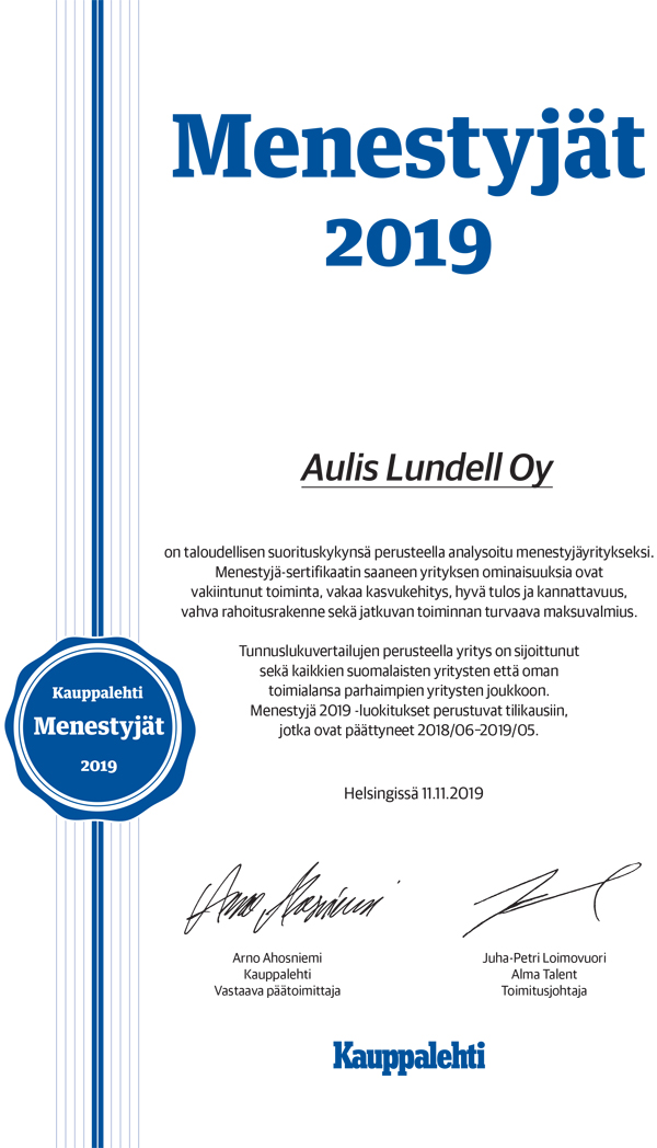 Vuoden Menestyjät 2019 Kauppalehti Aulis Lundell Oy
